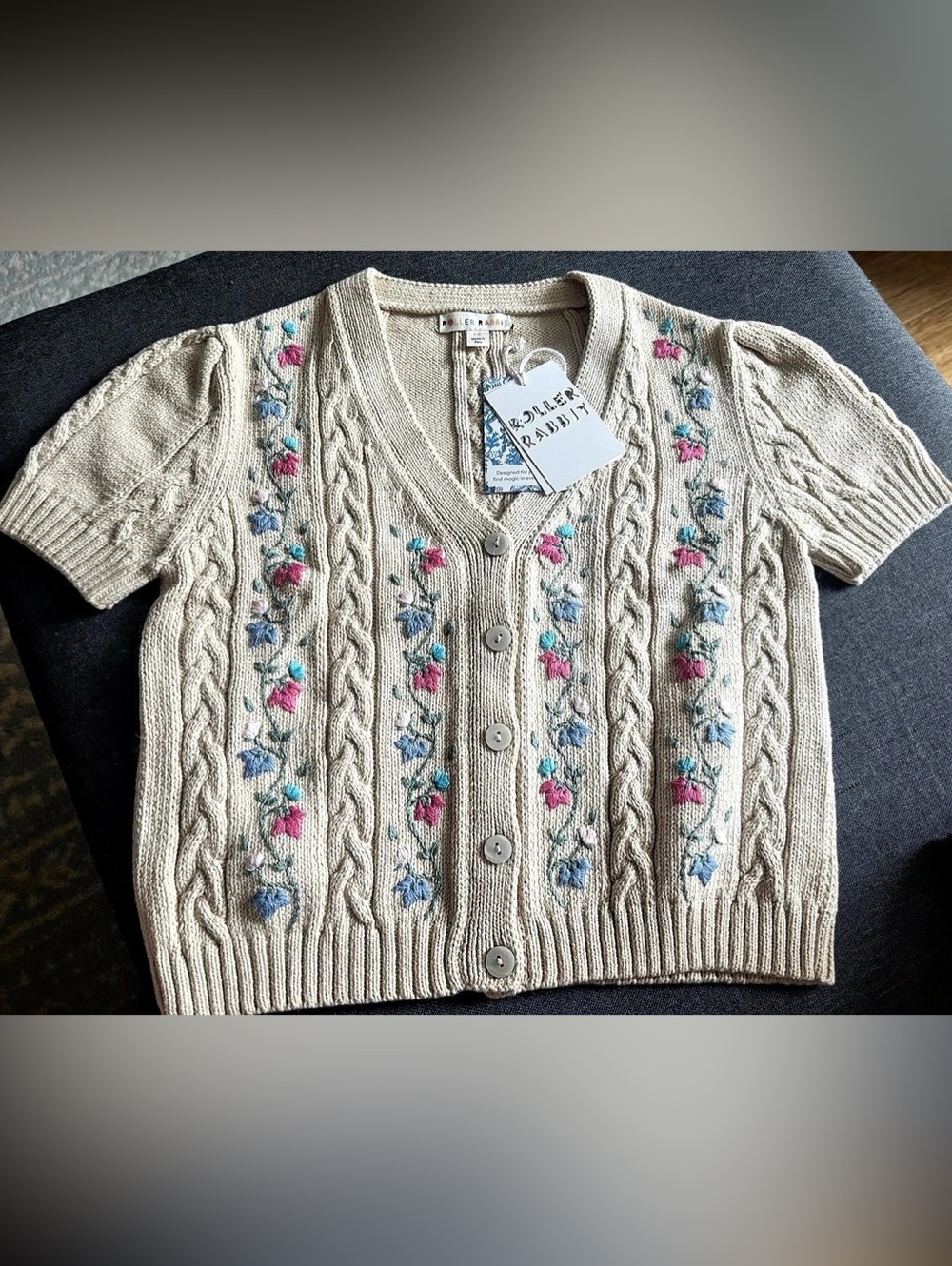Roller Rabbit Blossom embroidered Maureen Cardigan Ecru Size XS first like S NWT